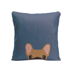 Brown French Bulldog Peaking From Bottom Blue Pillowcase