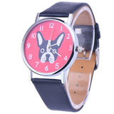 Black White French Bulldog Head Pink Background Leather Quartz Watch