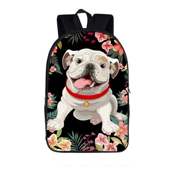 English Bulldog Cartoon Floral Black Background Backpack