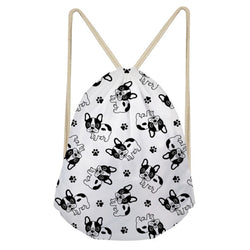 Black White French Bulldog Pattern White Drawstring Bag