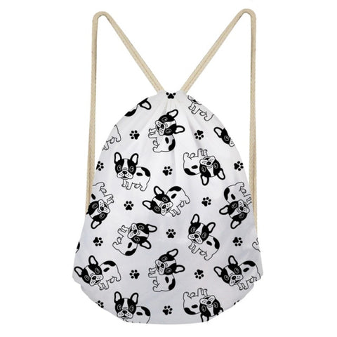 Black White French Bulldog Pattern White Drawstring Bag