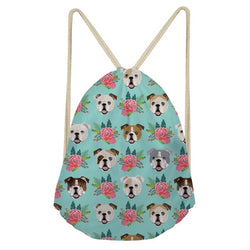 English Bulldog Floral Pattern Turquoise Drawstring Backpack