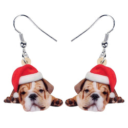 English Bulldog Santa Hat Hanging Earrings