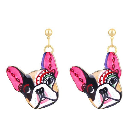 Colorful Make Up French Bulldog Hanging Stud Earrings