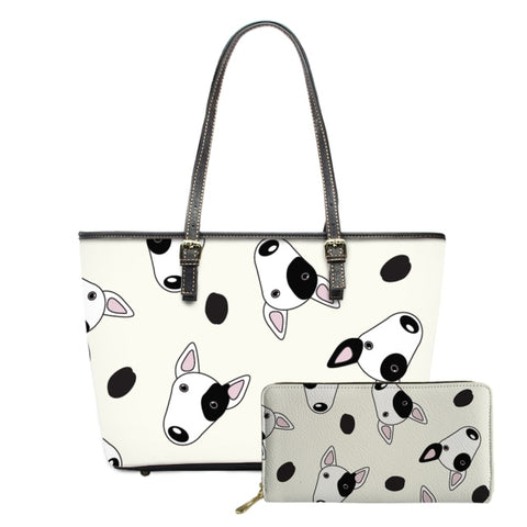 Bull Terrier Head Pattern Design White Cream Shoulder Bag and Wallet