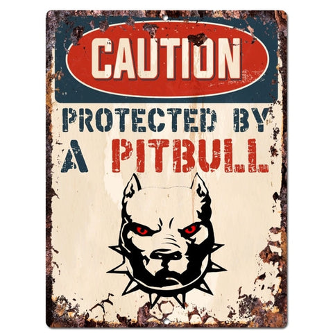 Caution Protect By A Pit Bull Metal Plaque Poster
