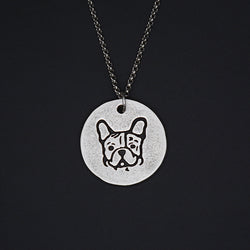 Simple French Bulldog Outline Round Pendant Necklace