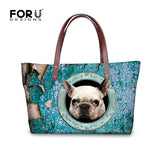 White French Bulldog Head Out of Circle Top Handle Shoulder Bag