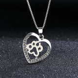 Dog Paw Heart Rhinestone Silver Crystal Pendant Necklace