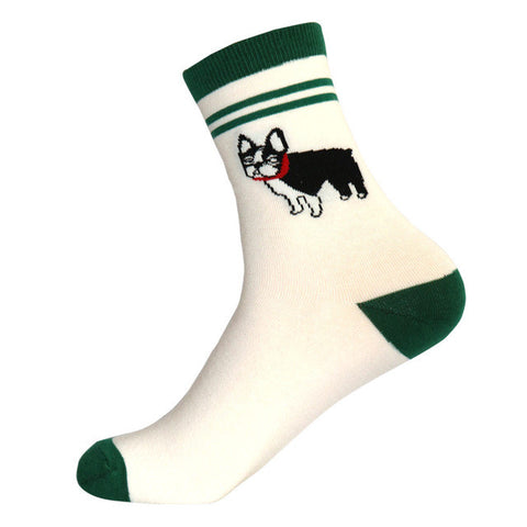 French Bulldog Red Collar Green White Crew Sock