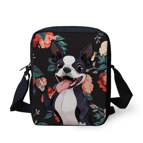 Cartoon Happy Boston Terrier Floral Background Shoulder Bag