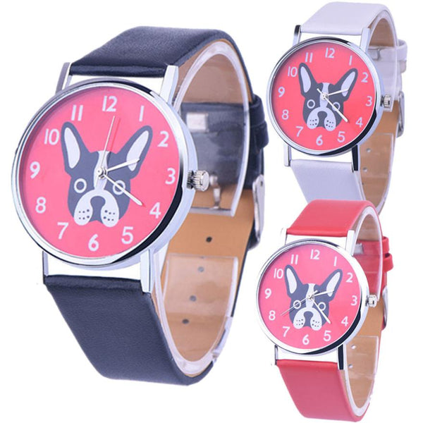 Black White French Bulldog Head Pink Background Leather Quartz Watch