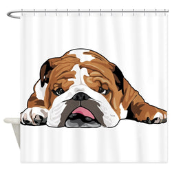 Lazy English Bulldog Cartoon Shower Curtain & Mat
