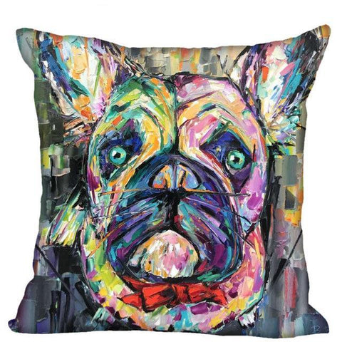 French Bulldog Colorful Rainbow Painting Red Bow Tie Pillowcase