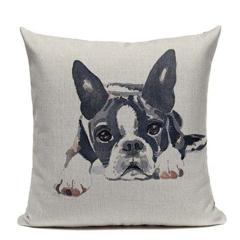 Boston Terrier Laying Looking Straight Color Painting Pillowcase