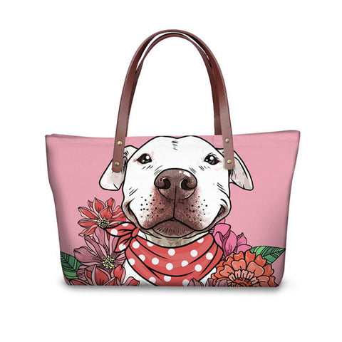 Happy White Pit Bull Floral Pink Shoulder Bag